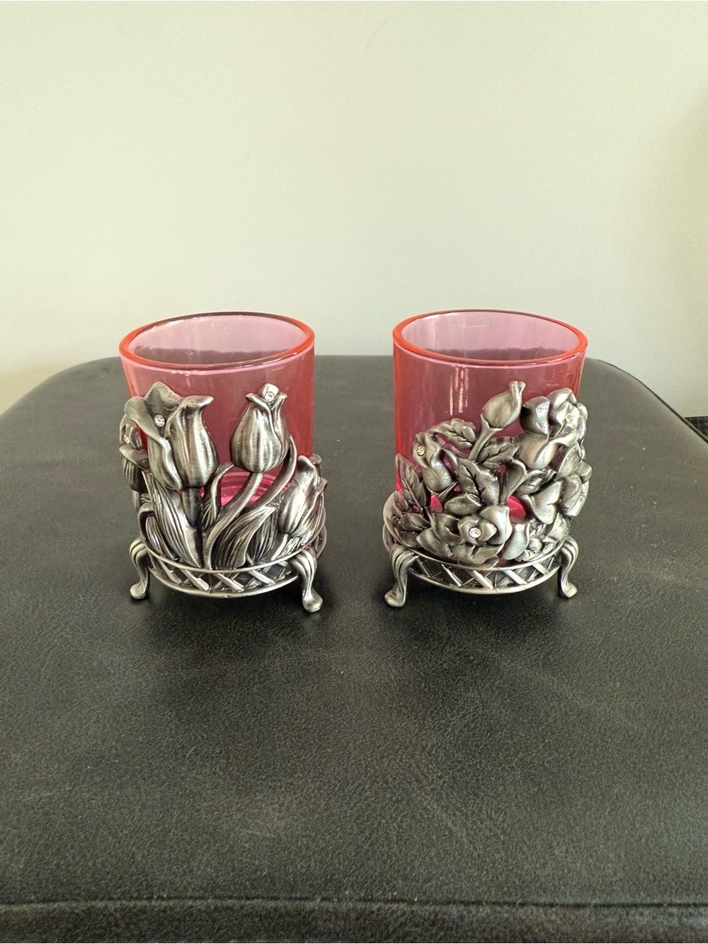 Decorative Pink Glass votive Candle Holders with Pewter Floral Stands
